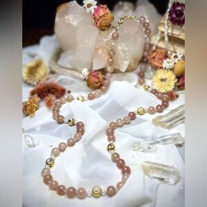 Strawberry Quartz Fresh Water Pearl Diamond Crystal Silk Knotted Wrap Necklace